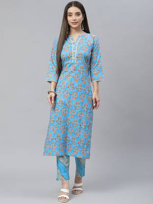 Sky-blue printed cotton ethnic-kurtis 1