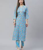 Sky-blue printed cotton ethnic-kurtis