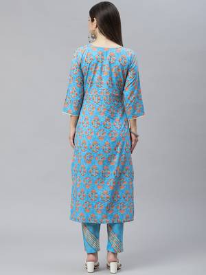 Sky-blue printed cotton ethnic-kurtis 2