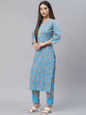 Sky-blue printed cotton ethnic-kurtis 4