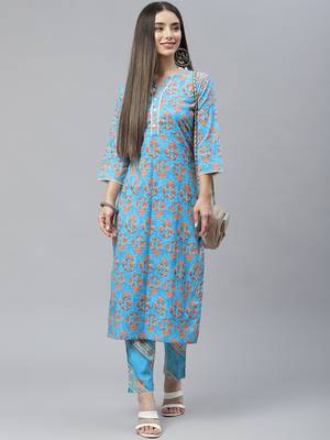 Sky-blue printed cotton ethnic-kurtis 5