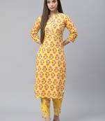 Yellow printed cotton ethnic-kurtis