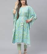 Sea-green printed cotton ethnic-kurtis