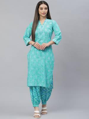 Teal-green printed cotton ethnic-kurtis 1