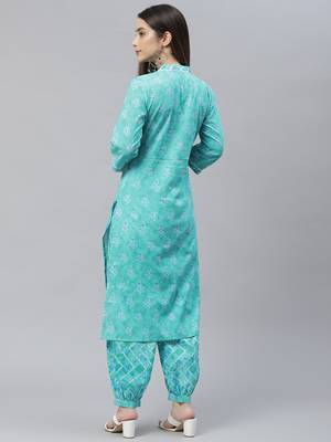 Teal-green printed cotton ethnic-kurtis 2