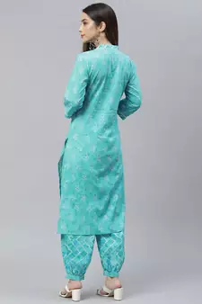 Teal-green printed cotton ethnic-kurtis