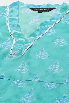 Teal-green printed cotton ethnic-kurtis