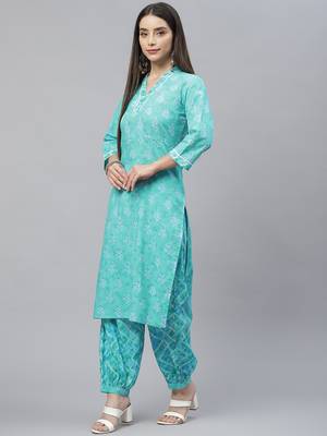 Teal-green printed cotton ethnic-kurtis 4
