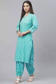 Teal-green printed cotton ethnic-kurtis