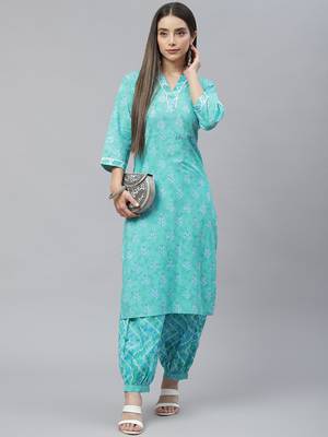 Teal-green printed cotton ethnic-kurtis 5