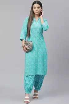 Teal-green printed cotton ethnic-kurtis