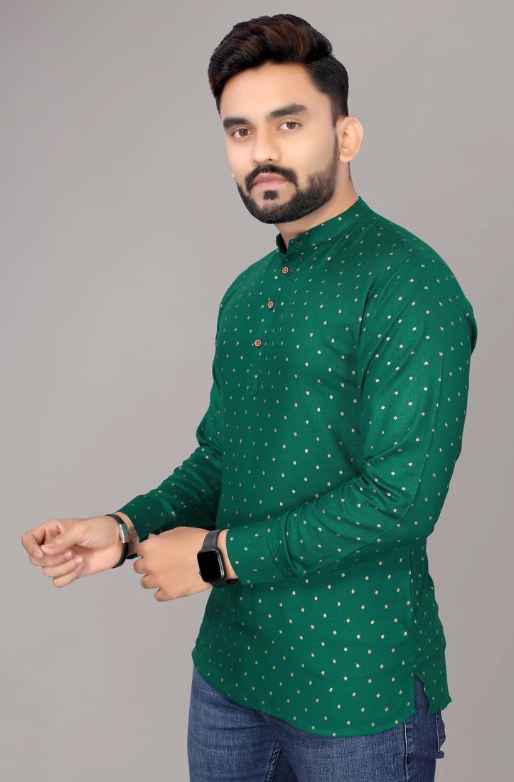 Men's Green Foil Print Long Viscose Kurta