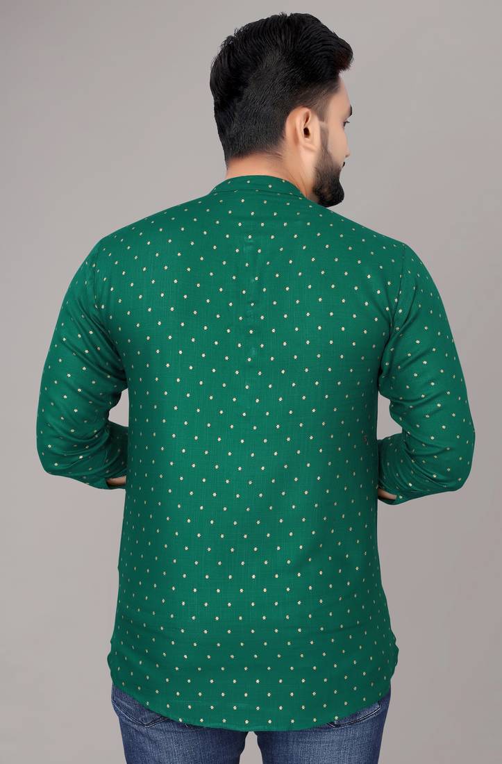 Men's Green Foil Print Long Viscose Kurta