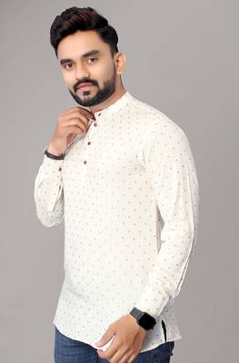 Men's Off White Foil Print Long Viscose Kurta 1