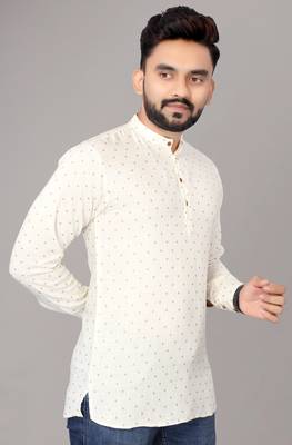 Men's Off White Foil Print Long Viscose Kurta 2