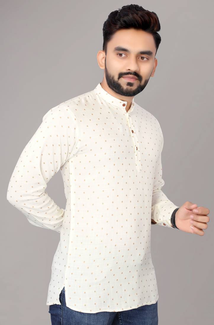 Men's Off White Foil Print Long Viscose Kurta