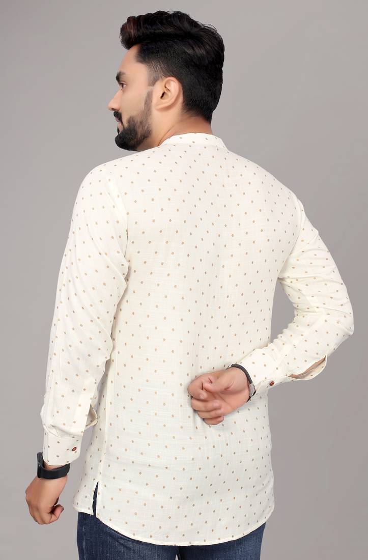 Men's Off White Foil Print Long Viscose Kurta