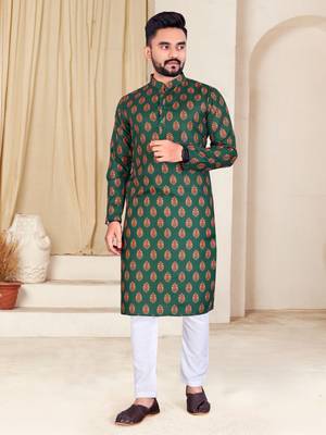 Men's Green Floral Printed Cotton Kurta 1