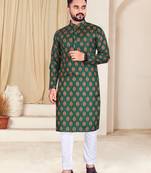 Men's Green Floral Printed Cotton Kurta
