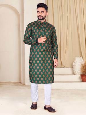 Men's Green Floral Printed Cotton Kurta 2