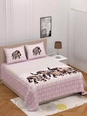 Jaipuri Pink Color Elephant Print 100% Cotton Double Bedsheet 1