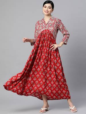Red printed viscose rayon long-dresses 1
