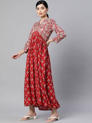 Red printed viscose rayon long-dresses 4