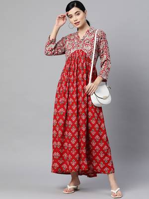 Red printed viscose rayon long-dresses 5