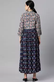 Blue printed viscose rayon long-dresses