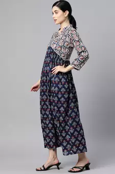 Blue printed viscose rayon long-dresses