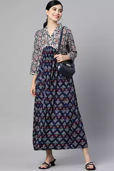 Blue printed viscose rayon long-dresses