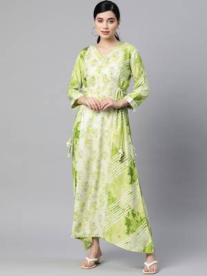 Green printed viscose rayon long-dresses 1