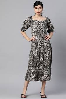 Black printed viscose rayon long-dresses