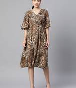 Brown printed viscose rayon long-dresses