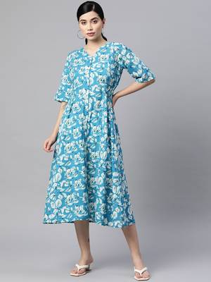 Sky-blue printed cotton long-dresses 1