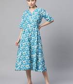 Sky-blue printed cotton long-dresses