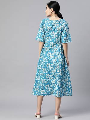 Sky-blue printed cotton long-dresses 3