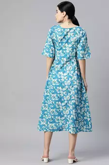 Sky-blue printed cotton long-dresses
