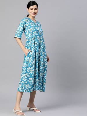 Sky-blue printed cotton long-dresses 4