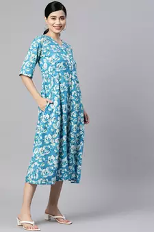Sky-blue printed cotton long-dresses