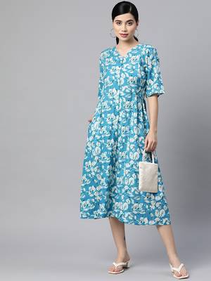Sky-blue printed cotton long-dresses 5