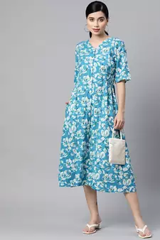 Sky-blue printed cotton long-dresses