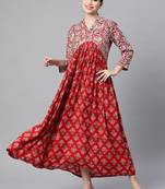 Red printed viscose rayon long-dresses