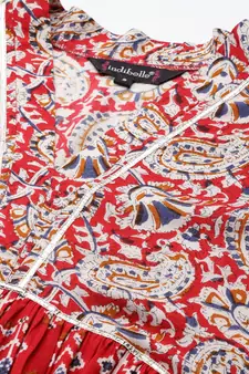 Red printed viscose rayon long-dresses