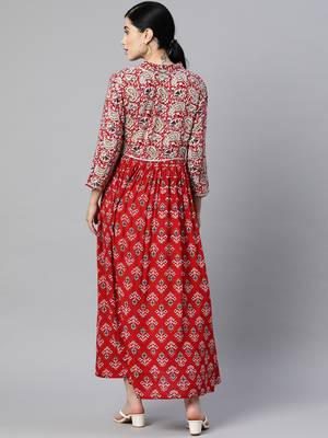 Red printed viscose rayon long-dresses 3