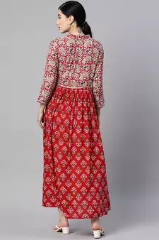 Red printed viscose rayon long-dresses