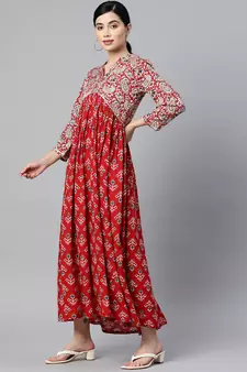 Red printed viscose rayon long-dresses