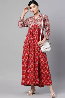 Red printed viscose rayon long-dresses