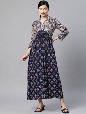 Blue printed viscose rayon long-dresses 1