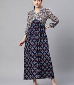 Blue printed viscose rayon long-dresses